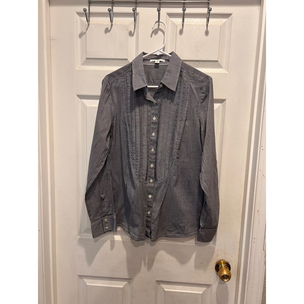 Banana Republic Women Blue White Silk Cotton Pinstripe Pintuck Bib Shirt Large